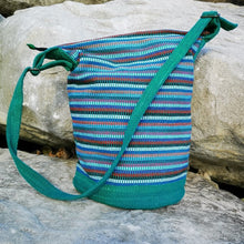 Load image into Gallery viewer, Bottle Green Cotton Boho Bag Hand-woven in Nepal by a fair trade cooperative.  Matching Purse is available would make a lovely gift for someone special.