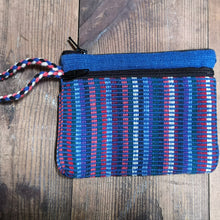 Load image into Gallery viewer, Blue Purse, suitable for cards and cash, 3 pockets, two with zips.  Handmade in Nepal.