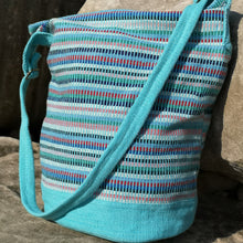 Load image into Gallery viewer, Turquoise Cotton Boho Bag Hand-woven in Nepal by a fair trade cooperative.  Matching Purse is available would make a lovely gift for someone special.