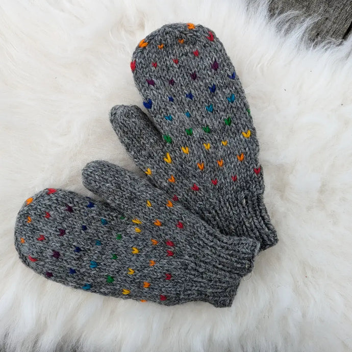 Grey Rainbow Mittens | Hand Knitted Wool Gloves with Fleece Lining | Fair Trade Nepal | Matching Hat Available