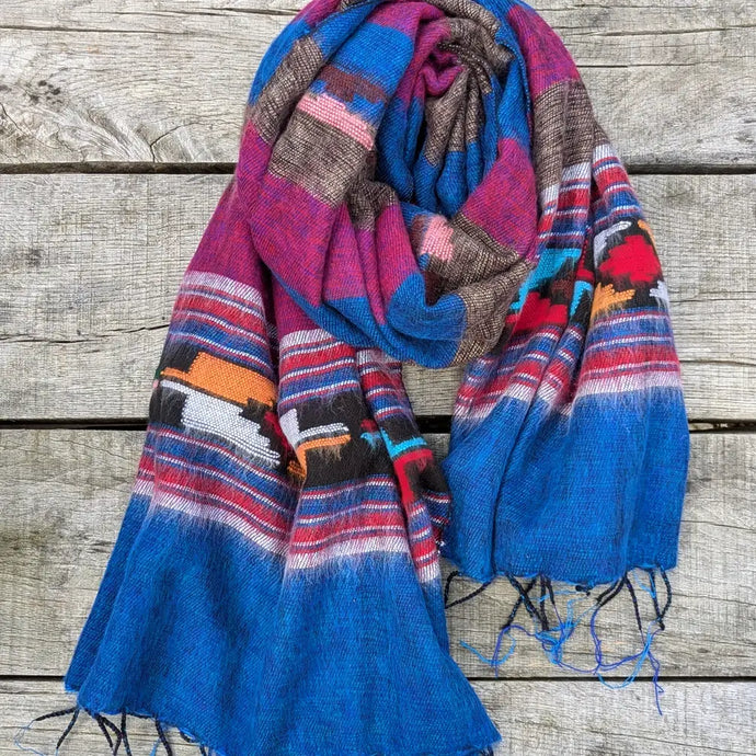 Navajo-Inspired Dhaka Weave Shawl | Stunning Nepalese Santa Fe Wrap - Electric Blue