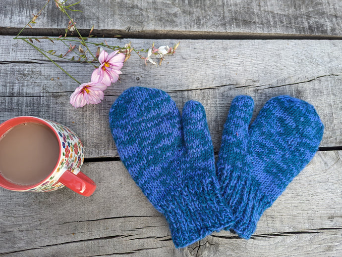 Super Warm Wool Mittens – Hand-Knitted in Nepal, Perfect for Winter - Blue/Green