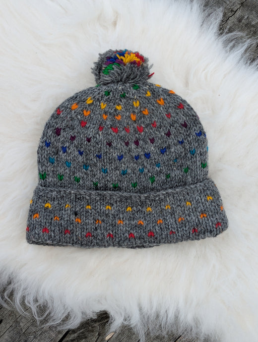 Rainbow Bobble Hat | Hand Knitted Wool Hat with Fleece | Grey