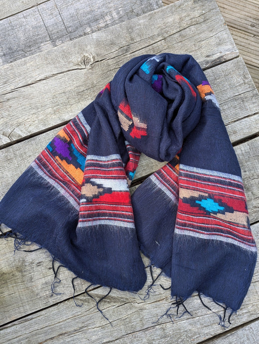 Navajo-Inspired Dhaka Weave Shawl | Stunning Nepalese Santa Fe Wrap - Navy Blue