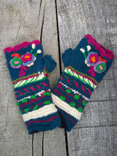 Load image into Gallery viewer, Teal blue handknitted wool fingerless mitts with embroidered floral design and textured knit. Aster Fingerless Mitts, fair trade, ethical fashion.