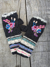 Load image into Gallery viewer, Charcoal handknitted wool fingerless mitts with embroidered floral design and textured knit. Aster Fingerless Mitts, fair trade, ethical fashion