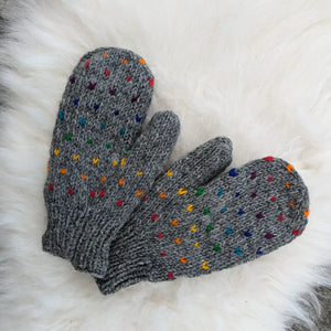 Grey Rainbow Mittens | Hand Knitted Wool Gloves with Fleece Lining | Fair Trade Nepal | Matching Hat Available