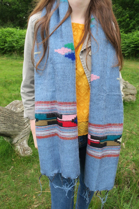 Santa Fe - Boho Style Oversized Scarf - Sky Blue