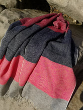 Laden Sie das Bild in den Galerie-Viewer, Californian inspired oversized stripe scarf, tones of Oatmeal, pink, orange, red and navy.  Perfect for keeping you warm over winter. 