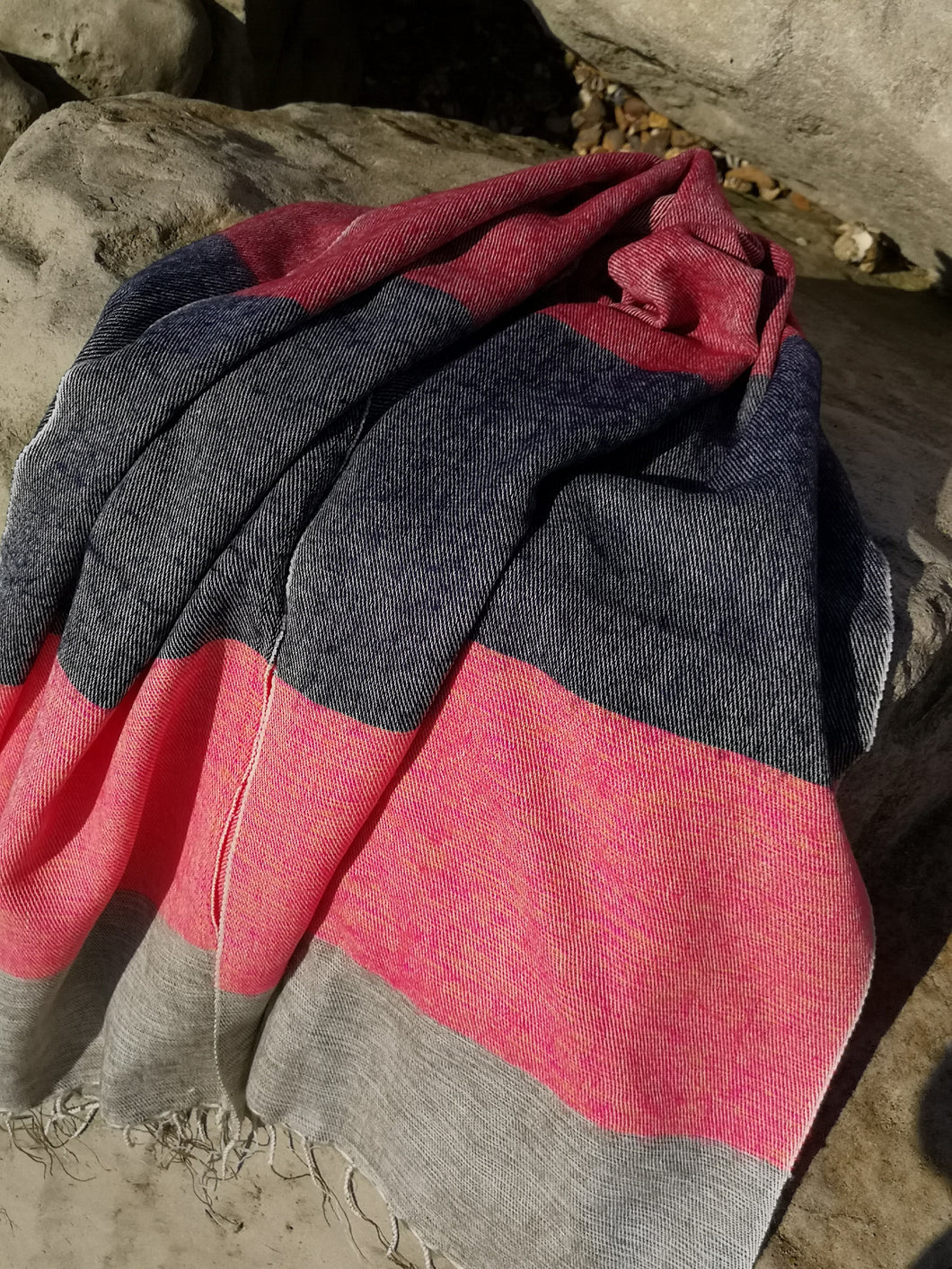 Californian inspired oversized stripe scarf, tones of Oatmeal, pink, orange, red and navy.  Perfect for keeping you warm over winter. 