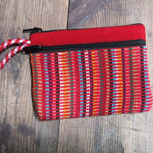 Load image into Gallery viewer, Red Cotton Purse, suitable for cards and cash, 3 pockets, two with zips.  Handmade in Nepal.  Matching bag also available.