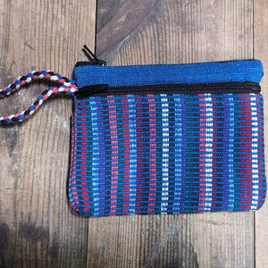 Blue Purse, suitable for cards and cash, 3 pockets, two with zips.  Handmade in Nepal.