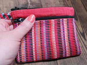 Coral Colour Purse, suitable for cards and cash, 3 pockets, two with zips.  Handmade in Nepal.